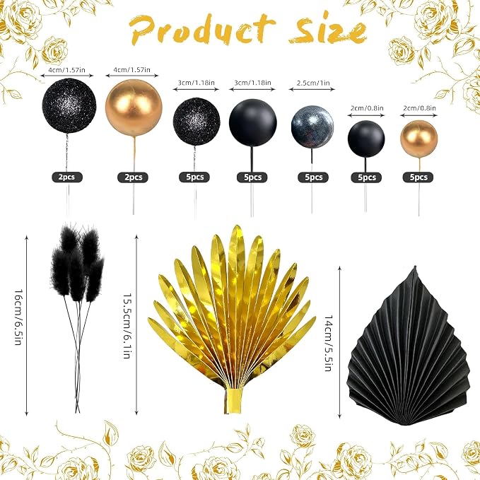 38 PCS Balls Cake Toppers Palm Leaves Cake Decorations for Birthday Wedding Baby Shower Party Supplies (Black)