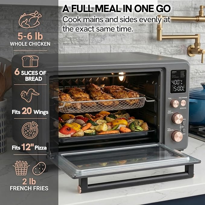 VAL CUCINA 26.3 QT Non-Toxic Enamel Interior Air Fryer Toaster Oven Combo, 10-in-1 Convection Countertop Oven with Infrared Heating, Fits 12" Pizza & 6 Slice Toast, Easy Clean Enamel Baking Pan