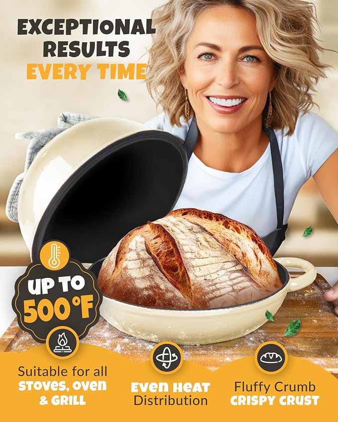 CRUSTLOVE Dutch Oven Bread Baking - 5QT Enamel Bread-Oven - incl Sourdough Bread-Baking Suppliers like Dough Whisk Scoring Lame etc Bread-Dome Cast Iron Bread-Pan with Lid for Sour dough, Bread-making