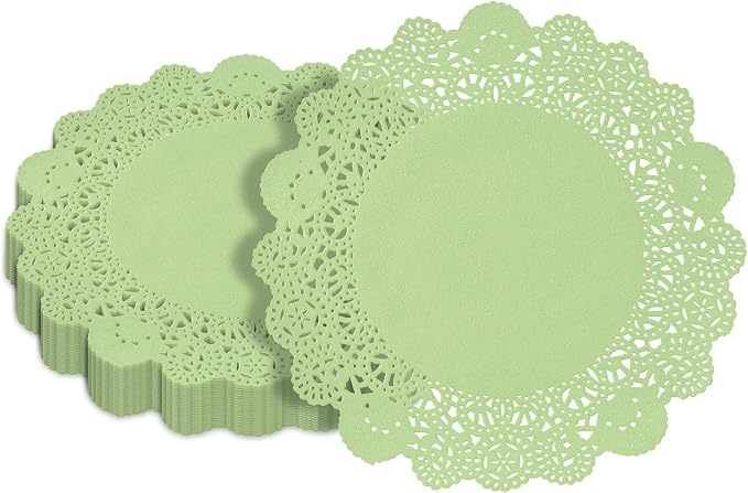 Pastry Tek 8 x 8 Inch Paper Lace Doilies, 100 Disposable Table Doilies - Elegant Lace Finish, Long Lasting, Green Paper Doily, for Pastries, Cupcakes, Desserts - Restaurantware