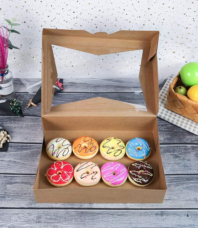 ONE MORE 14 x10 x 3inch Brown Paperboard Lock Corner Window Bakery Cookie Boxes, Large Container with PVC Windows for Pie and Cookie Box, Pack of 12