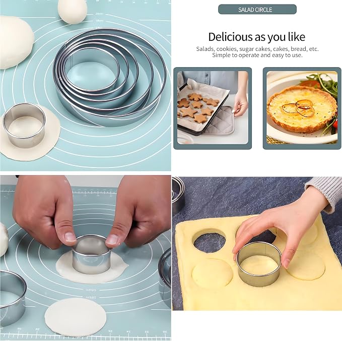 8pc Round & Circle Cookie Cutter Set with 2 Scrapers - 6 Stainless Steel Biscuit Cutters (2"-6", 1.18" Deep) - Includes 6" Bench Scraper & Silicone Bowl Scraper - Tools for Pastry, Donuts & Scones
