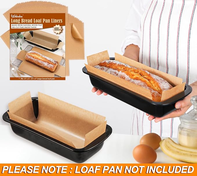 Webake Unbleached Parchment Paper Large Loaf Pan Liners for 13" x 5" Long Baking Bread, Original Precut, Non Toxic 100 Pcs