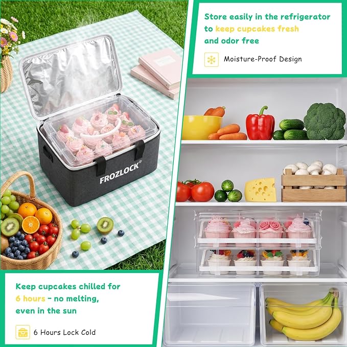 Cupcake Carrier 24 Count, Cupcake Holder With Lid And Handles, 2-Layer Cupcakes Storage Containers, Cupcake Transport Container, Cupcake Box With Portable Insulated Bag And 200pcs Cupcake Liners