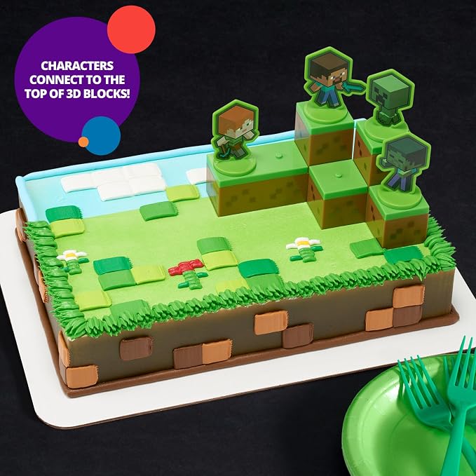 DecoSet® Mobs Beware Minecraft Cake-Topper, 6-Piece Stackable Cake-Decoration, Interlocking 3D Blocks With Characters, Food Safe Birthday Cake Decoration, 2.8 inches (W) x 2.8 inches (H) (Pack of 2)