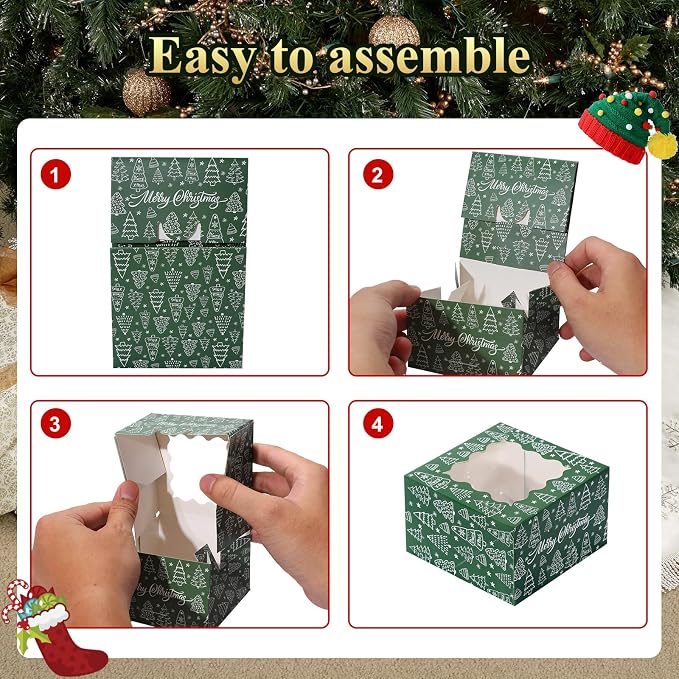 COTOPHER 30Pcs Christmas Cookie Boxes for Gift Giving, 4x4x2.5 inch Bakery Box with Window, Xmas treat Boxes for Holiday Party Favor Pastries, Cupcakes, Muffins Donuts Chocolate, Gift Wrapping