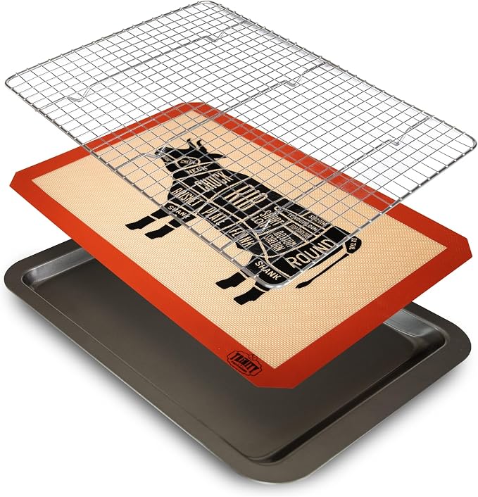 Trinity Provisions Large Meat Resting Pan - With Wire Rack and Silicone Baking Mat - Dishwasher and Oven Safe Stainless Steel, for Cooking and Cooling Steak, BBQ, Bacon, & More