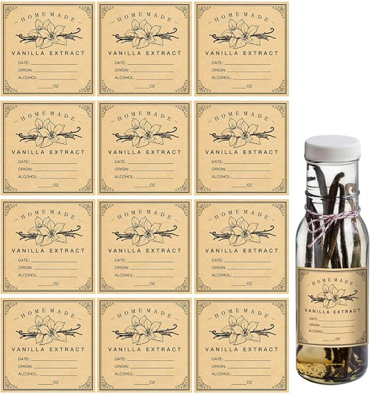 HVSWLY 12 PCS Vanilla Extract Labels,Vanilla Instruction Labels for Handcrafted Vanilla Bottles,2.5"×2.5",Minimalist Homemade Vanilla Extract Stickers