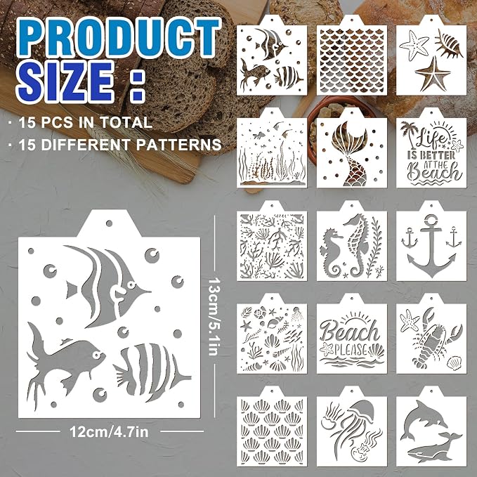 Whaline 15 Pcs Summer Ocean Cookie Stencils Nautical Fish Mermaid Airbrush Painting Stencils with Bead Chain Decorative Baking Templates for Biscuit Cake Party DIY Crafts