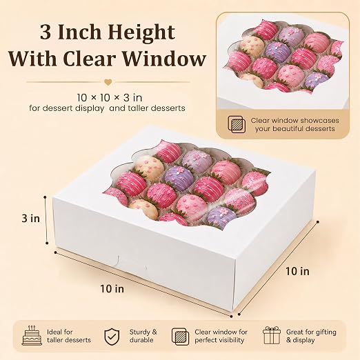 NPLUX 20 Pack Pie Boxes 10x10x3inch Bakery Boxes with Window Dessert Pastry Box for Pies,Cheesecakes and Chocolate Covered Strawberries, Graduation Gifts Party Favors(White)