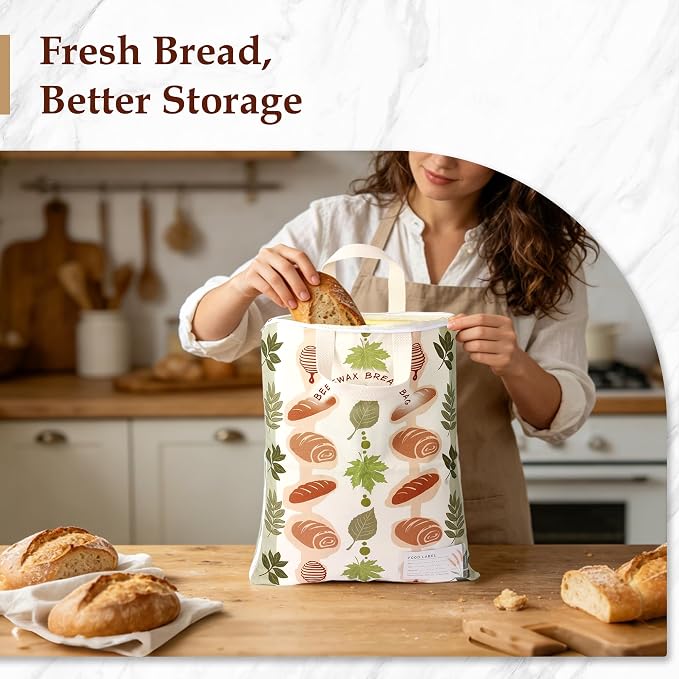 2 Pack Beeswax Bread Bags for Sourdough, 17x13 Inch Reusable Cotton Bread Storage Bags with Zipper and Handle Natural Beeswax Lining Freezer Friendly with 10 Food Labels Included (Bakery Leaves)