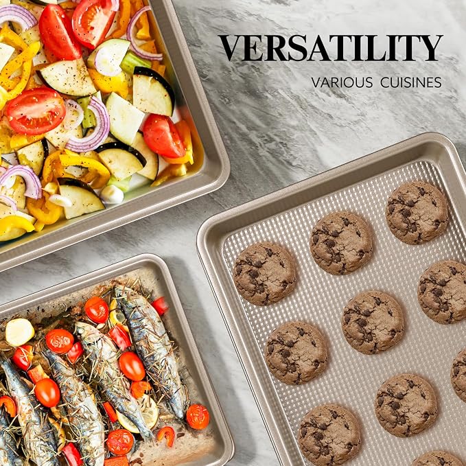 2 Piece Professional Baking Pan Set, Nonstick Bakeware Set, Heavy Duty Thick Cookie Sheets for Baking, 9x13in, 10x15in, Textured, Gold