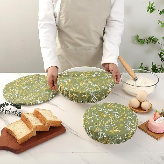 Reusable Bowl Covers for Bread Proofing Baking Embroidered Dandelion Linen Cotton Cloth Fabric Washable with Elastic Cover for Food Fruit Salad Eco-friendly
