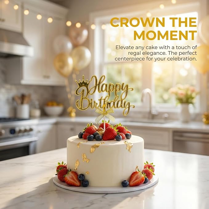 Elegant Acrylic Birthday Cake Topper with Crown & Bow Design - Reusable Decoration for Party, Wedding, Baby Shower (Gold)
