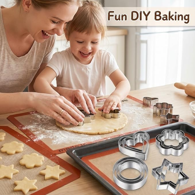 Stainless Steel Cookie Cutters Set 12 Pcs, Star, Flower, Heart, Round Shapes Cookie Cutters Variety Pack for Home Party Holiday Baking