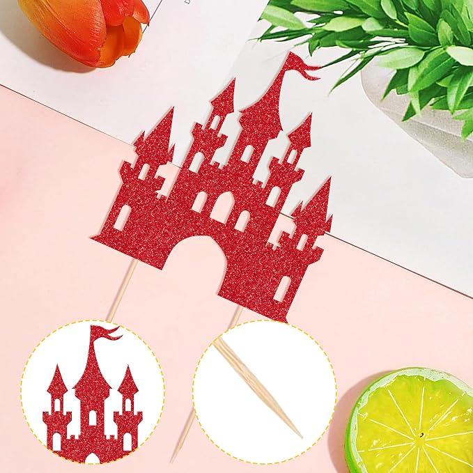 1 PCS Princess Castle Cake Topper Glitter Princess Cake Topper Queen Castle Theme Birthday Party Cake Decoration for Girls Princess Baby Shower Happy Birthday Party Decorations Supplies Red