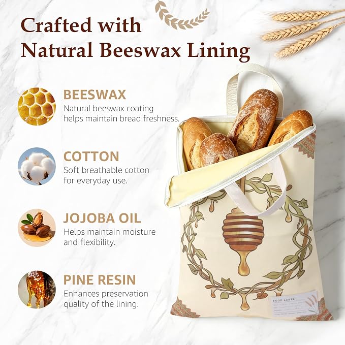 2 Pack Beeswax Bread Bags for Sourdough, 17x13 Inch Reusable Cotton Bread Storage Bags with Zipper and Handle Natural Beeswax Lining Freezer Friendly with 10 Food Labels Included (Honey Vine)