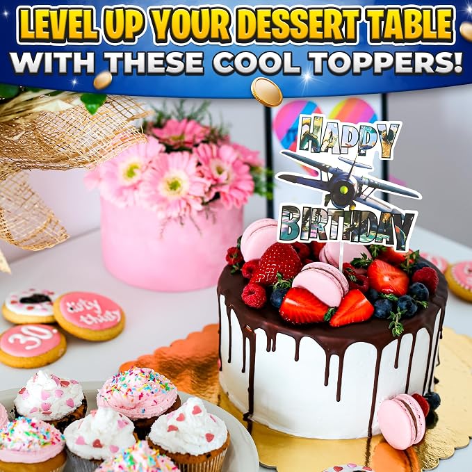 Video Game Cake Topper with 7 Action Figures & Large Logo - Sturdy Cardboard Cake Decorations, Easy Adjustment & Firm Installation - Creative Happy Birthday cake Toppers for Boys & Girls