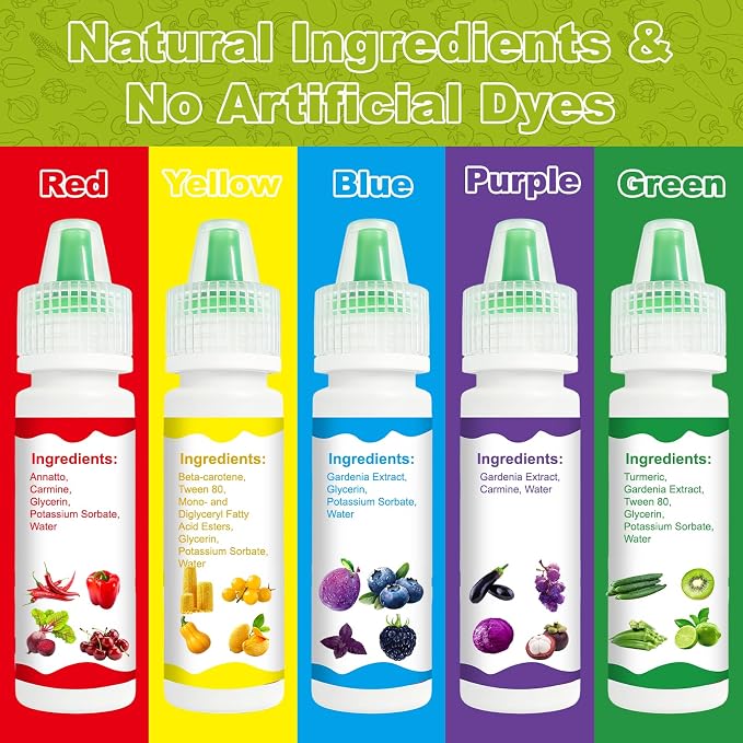 Natural Food Coloring Set, 5 Colors Red Yellow Blue Green Purple, Plant-Based Edible Liquid Color for Baking, Decorating, Fondant, Frosting & Holiday Desserts 10mL/Bottles