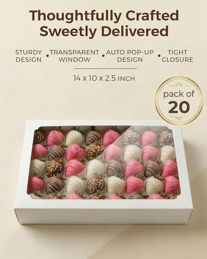 20pcs Cookie Boxes with Window 14x10x2.5 inch, Large Bakery Boxes, Auto-Popup Treat Box for Desserts, Chocolate Covered Strawberries, Breakable Heart, Pastries, Cajas Para Postres with 80 Stickers