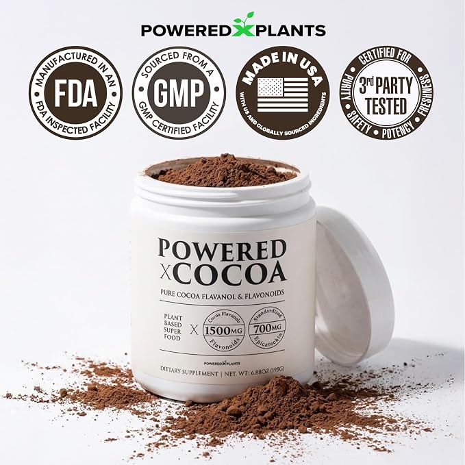 High Flavanol Cocoa Powder - 1500mg Cocoa Flavanols 12X More Epicatechin, 700MG Epicatechin Antioxidant Flavonoids - Supports Brain, Heart Health, Nitric Oxide & Circulation by Powered X Plants