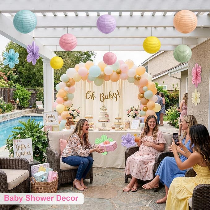 Peywot Pastel Classroom Decor - 18Pcs Flower Fans & Paper Lanterns for Classroom Ceiling Decorations, Birthday, Baby Shower & Pastel Rainbow Party Decor