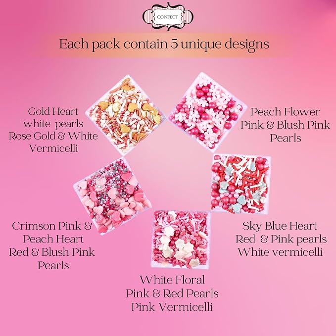 Pretty in Pink, Gold & White Pearl Sprinkles Mix – Edible Heart Sprinkles for Cakes, Cupcakes, Cookies – Spring, Birthday & Baking Decorations – Pack of 5 | Vegan, Gluten-Free, Nut-Free, Soy-Free, Dairy-Free, Palm Oil-Free- 5 Oz
