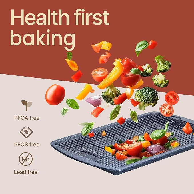 Cookie Sheet with Wire Rack Set, 2-Piece Nonstick Blue Marble Carbon Steel Pan & Cooling Rack, Space-Saving Stackable Set, PFOA, PFOS, PTFE Free, Oven Safe Up to 450°F, 17.4" Pan & 14.7" Rack