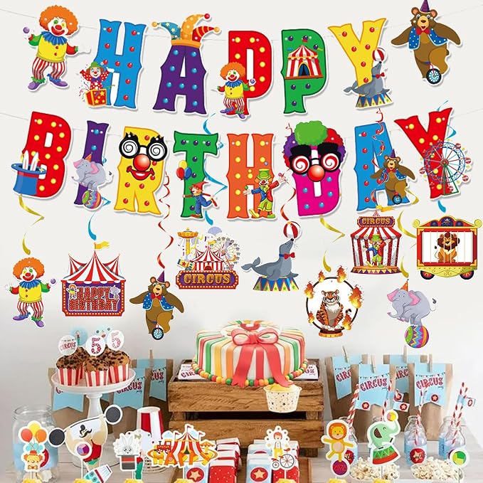 Zwiebeco Colorful Circus Happy Birthday Banner Bunting Hanging Paper Swirls Garland Party Decorations for Funfair Circus Amusement Park Clown Carnivals Themed Kids Bday Decor Accessories Supplies
