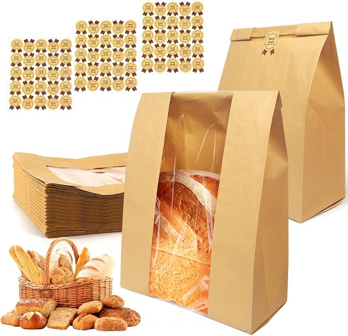70 Pack Large Bread Bags for Homemade Sourdough Bread - Kraft Paper Storage Bakery Bags with Clear Window Bonus 75 Seal Stickers for Sourdough Sandwich (13.7x8.2x3.5 Inches, Brown)