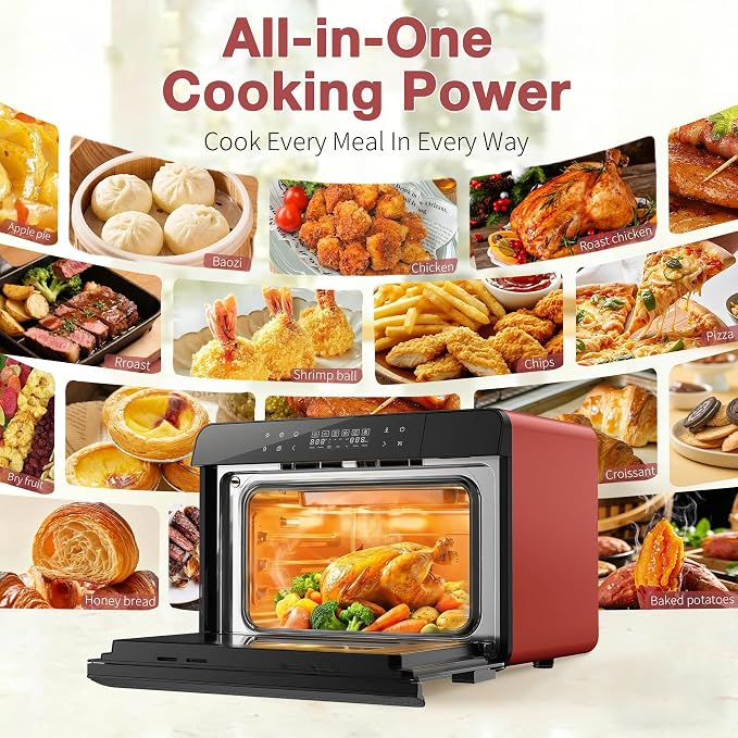 ROBAM Toaster Air Fryer Combi Oven, Countertop Steam Oven 14-in-1 with Convection Steam Roast & Bake, Multi-Stage Cooking, Self-Clean, 7 Modes, 30 Built-In Recipes, for Kitchen Pizza Baking (Red)