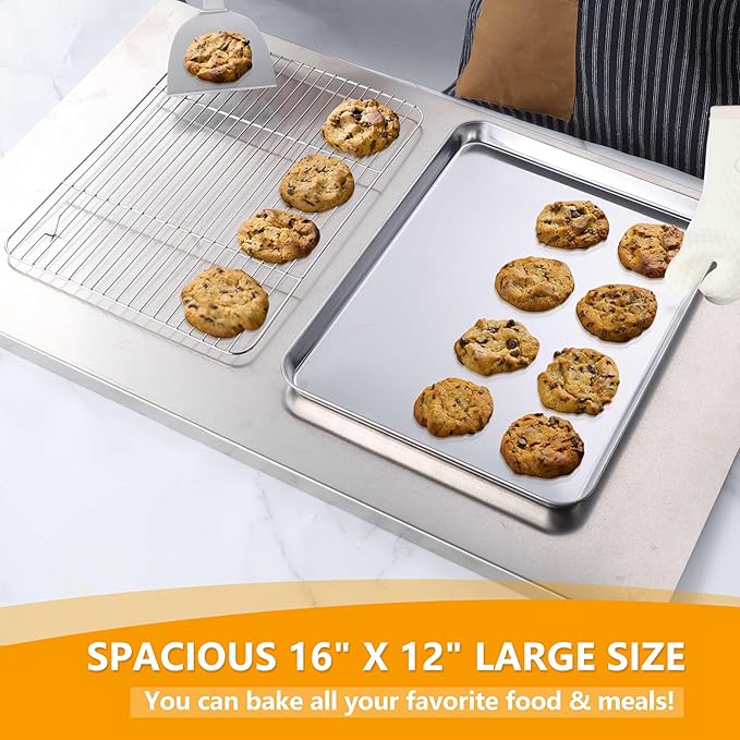 Homikit 16x12 Inches Baking Sheet with Wire Rack Set (2 Pans+2 Racks) | Stainless Steel Cookie Sheets for Baking, Metal Baking Tray Jelly Roll Pan with Cooling Racks, Oven & Dishwasher Safe