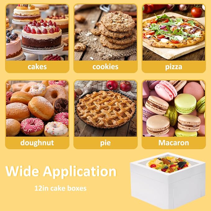 Moretoes 30pcs Cake Boxes 12x12x8 Inch, Bakery Containers with Large Window, 12 Inch White Cake Carrier, Disposable Boxes for Birthday, Party, Cupcake Cookie Pie Pastry