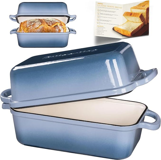 Cast Iron Bread Loaf Pan with Lid, Enameled 9x5 Loaf Pans for Baking Bread, Set of 2 for Homemade Bread & Sourdough, Sea Salt