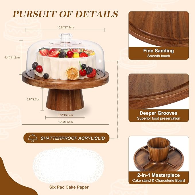 Bellsal Wooden Cake Stand with Lid, Acacia Cake Stand with Plastic Dome, 12-Inch Versatile Dessert Table Display Set & Charcuterie Board for Cheese, Chips & Dips, Fruit Platter, Cake Holder for Party