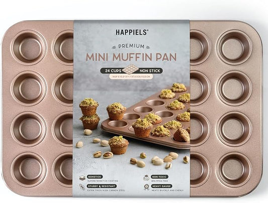 HAPPIELS 24 Cup Mini Muffin Pan Nonstick for Oven Baking, PFOA & BPA Free | Nontoxic Mini Cupcake Tin | Best Non Stick Muffin Pans | Carbon Steel Small Muffin tins | Cupcakes Bakeware Mold