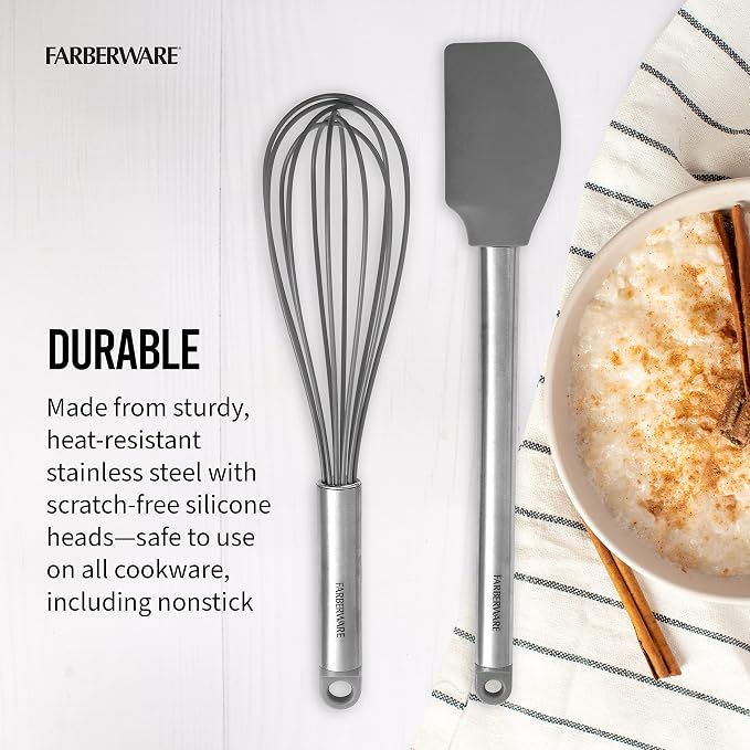 Farberware Pro Whisk and Spatula Set, Stainless Steel Handles with Heat Resistant Silicone Heads, 2-Piece Baking and Cooking Kitchen Utensils Set, Dishwasher Safe