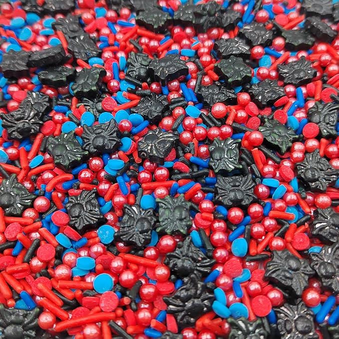 Edible Spider Sprinkles, Red Blue Black Sprinkles for Cake Decorating, Pearls Jimmies and Round Cake Decoration for Cake Cupcake Toppers, Baking, Cookie, Birthday Party Halloween Supplies