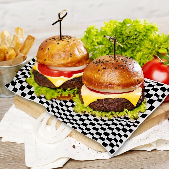 100pcs Deli Paper Sheets 12x12", Premium Food Basket Liners, Grease Resistant Wax Paper Sheets for Food, Classic Checkered Sandwich Wrapping Paper (Black & White Checkered)