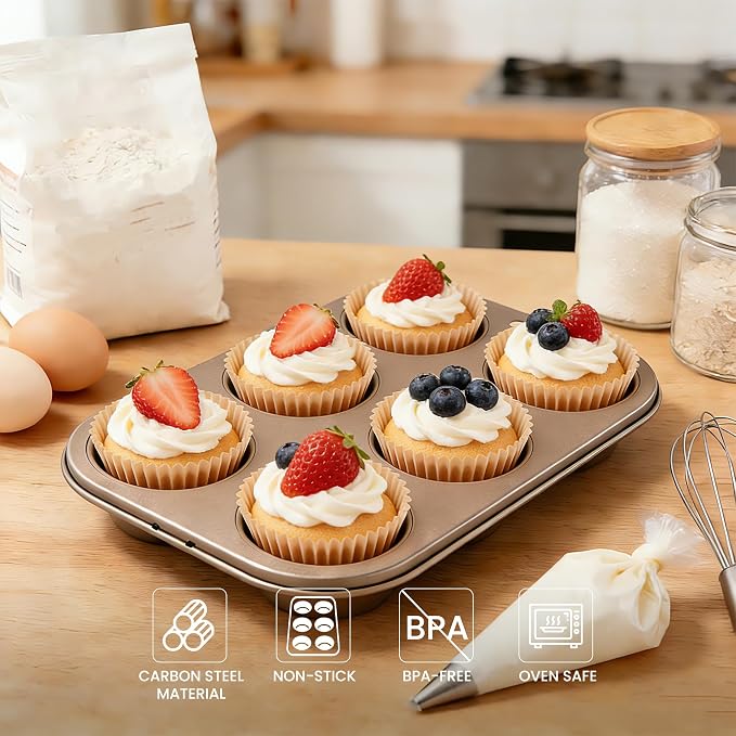 6-Cup Nonstick Muffin Pan for Baking, Heavy Duty Carbon Steel Cupcake Pan and Muffin Tin, Muffin Baking Pan for Cupcakes, Muffins, Brownies and Egg Bites