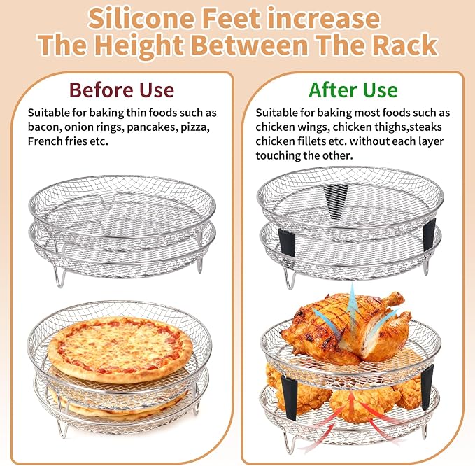 8 Inch Stackable Air Fryer Rack, Stainless Steel Cooling & Cooking Rack with Silicone Feet, Fits 4.2QT-5.8QT Air Fryers for Multi-Layer Cooking
