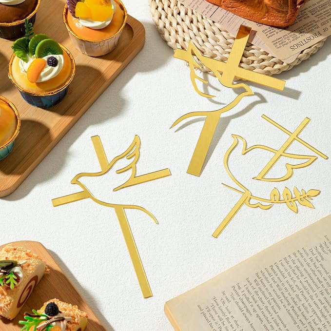 8 pcs Baptism Cake Toppers Acrylic Gold Dove Cross Cupcake Toppers Baptism First Communion Cake Decorations Supplies for Baby Shower Birthday Wedding Party Christian