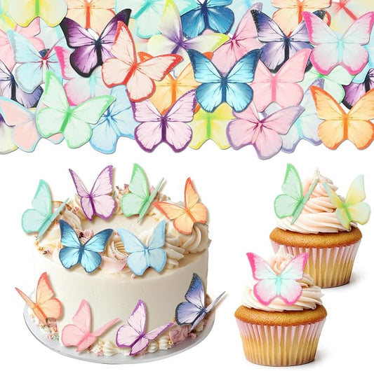 48Pcs Edible Cake Toppers, Wafer Paper Butterfly Cake & Cupcake Decorations Colorful Butterflies for Wedding Birthday Party Cake Cupcakes Decorating