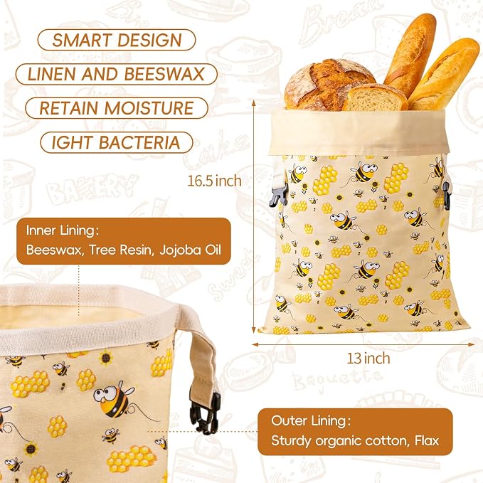 2 Pack Beeswax Bread Bags for Homemade Bread, Bees Wax Bread Bags Storage for Homemade Sourdough with Removable Beeswax Lining, XL 17'' x 13'', Freezer Friendly, Keeps Fresh