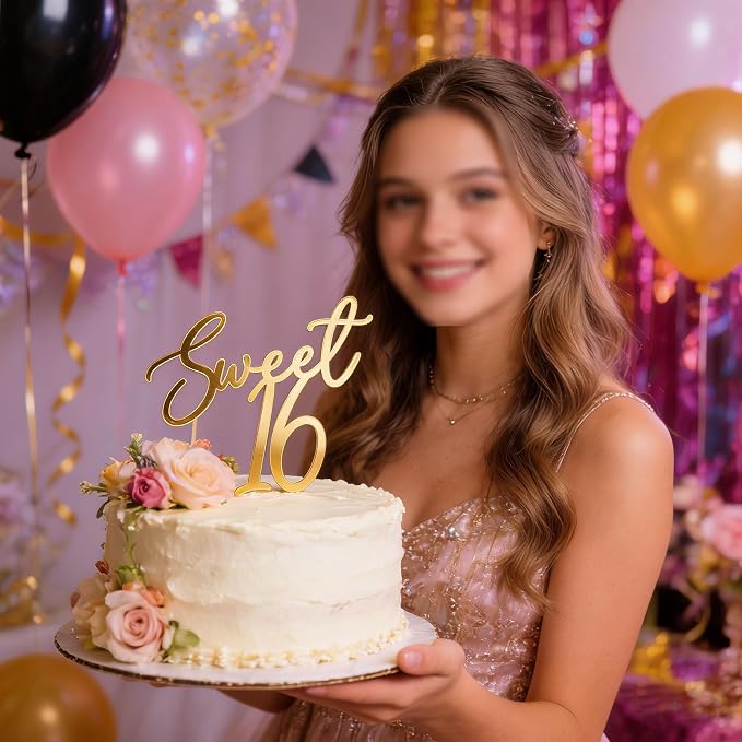 Sweet 16 Cake Topper, Gold Acrylic Finally 16 Cheers to 16 Years Cake Decoratio,16th Birthday Party Decoration,Sweet Sixteen Theme Party Decorations for Birthday Anniversary Wedding Party Cake Decor
