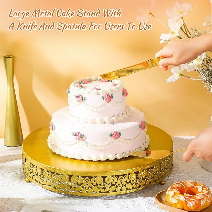 Wenqik 16 Inch Gold Cake Stand Set Metal Round Cupcake Dessert Stand with Cake Cutting, Flower Spatula Wedding Cupcake Pastry Display Candy Holder Display for Wedding Party Birthday Baby Shower