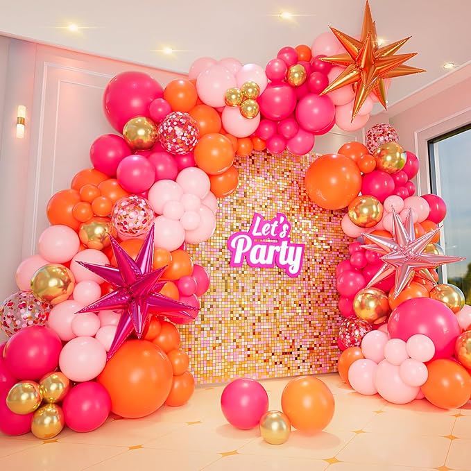Bonropin Pink and Orange Balloon Arch Kit with Hot Pink Orange Metallic Gold Latex Balloons Garland kit 18 12 10 5Inch Different Size Balloons for Birthday Baby Shower Wedding Summer Party Decorations