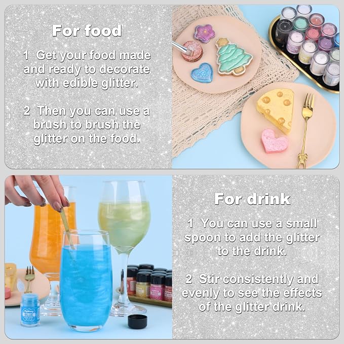 Silver Edible Glitter - 5g Food Grade Cake Decorating Shimmering Glitter, Edible Sprinkle Luster Dust for Drinks, Chocolates, Fondant, Strawberries, Cupcakes, Candy, Easter Cookie - Vegan