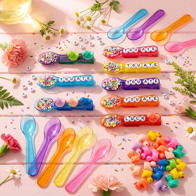 Geelin Cheer Pins Kit with 80 Pcs Spirit Clips, 800 Letter Beads, 30 Ducks, 80 Spoons, Glue, Decoration for Cheerleaders, Volleyball Team Gifts Bulk Stuff DIY Charms(Multicolor, Spoon)