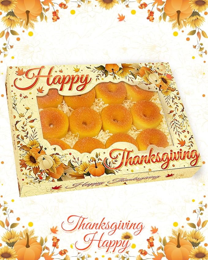 qiqee Thanksgiving 14x10x2.5 inch Auto-pop Up 24Pcs Cookie Box with Window Thanksgiving Pumkin Flower Pastry Macaron Bakery Box For Thanksgiving Day